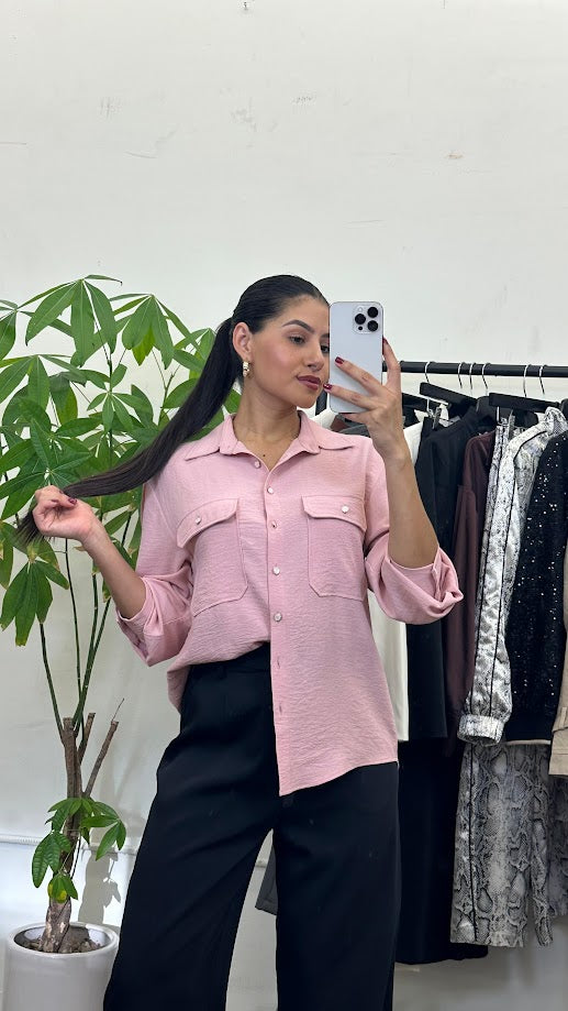 Soft Pink Button-Up Blouse with Front Pockets