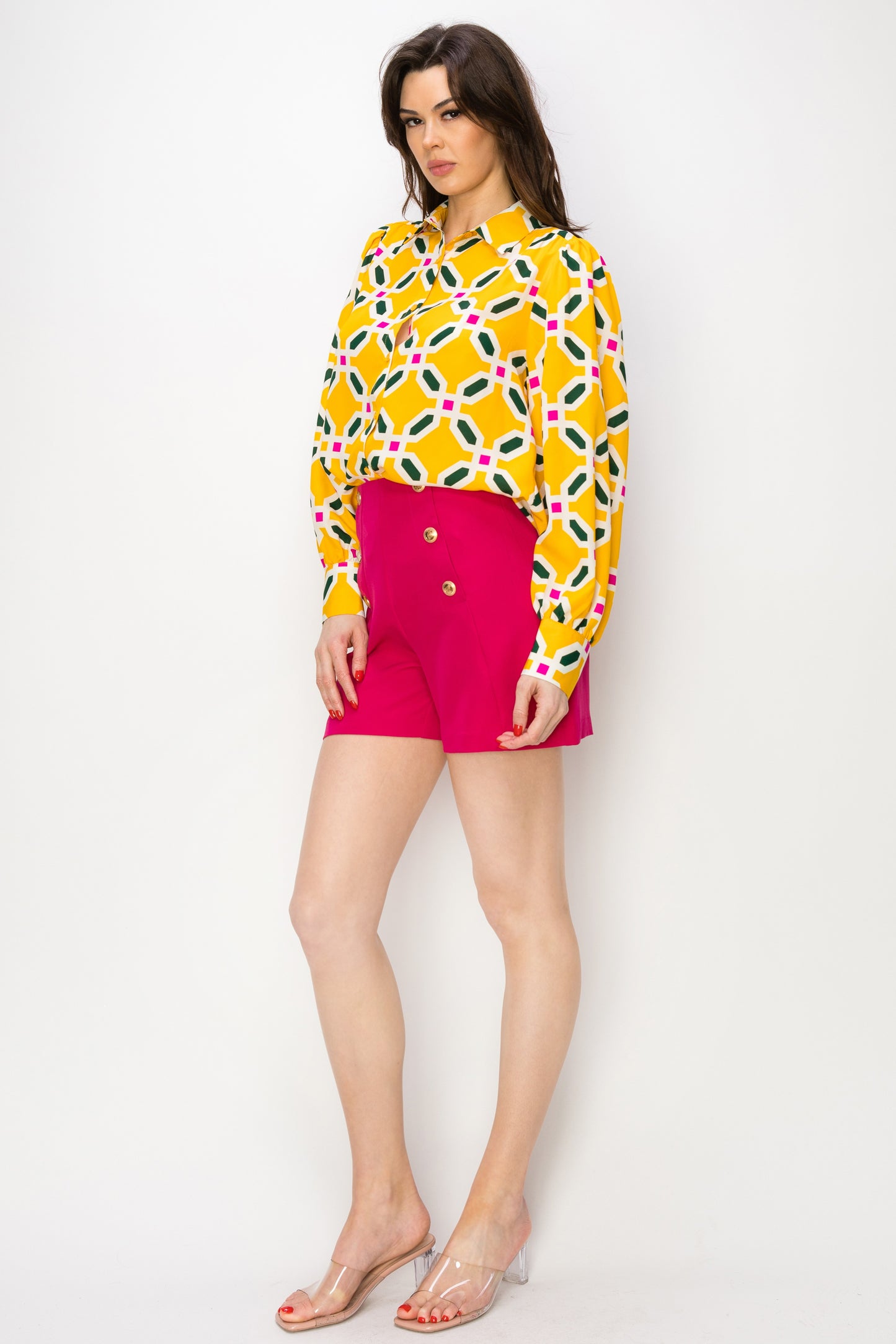 Square Print Button-Up Long Sleeve Top