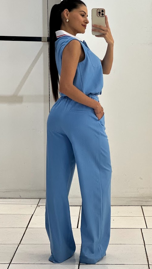 light blue women's set featuring a collared top & Pants