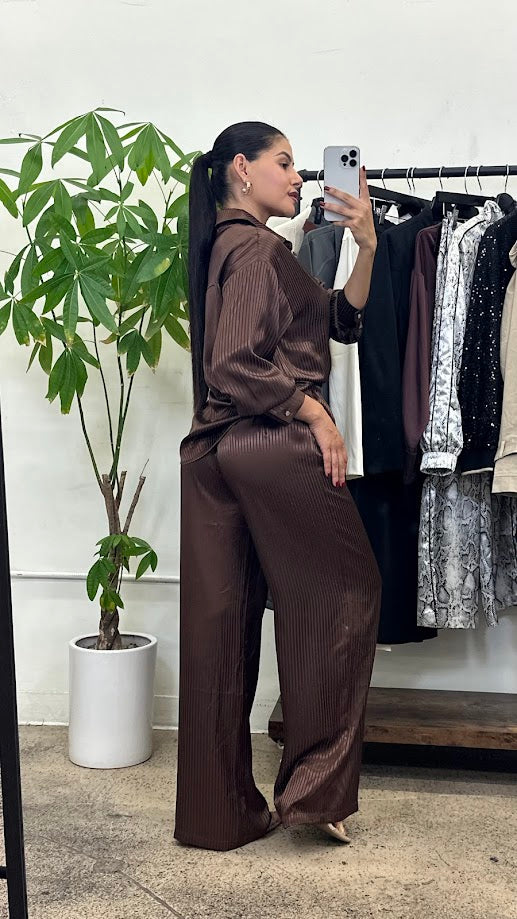 Elegant Satin Shirt & Wide-Leg Pants Set