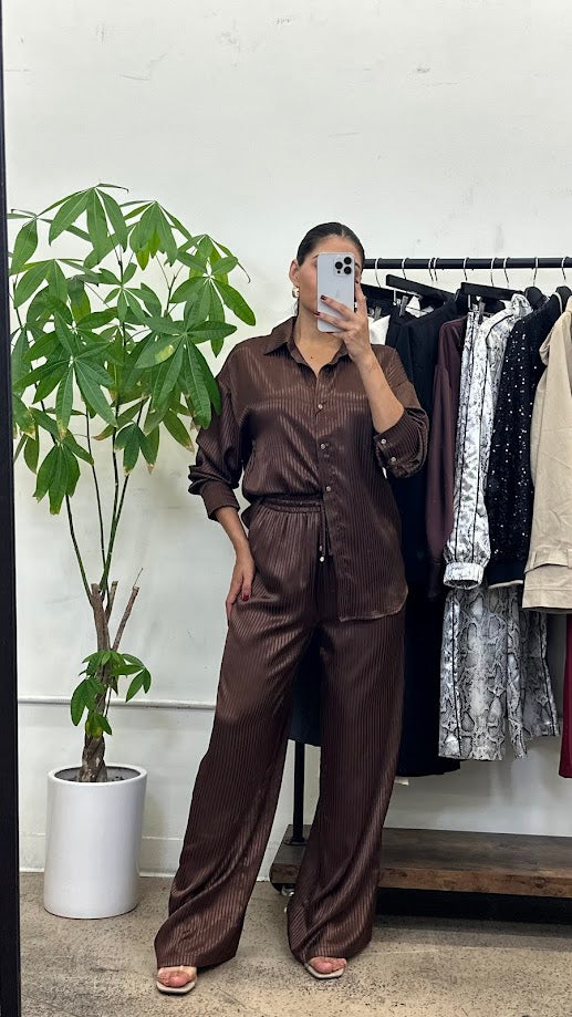 Elegant Satin Shirt & Wide-Leg Pants Set