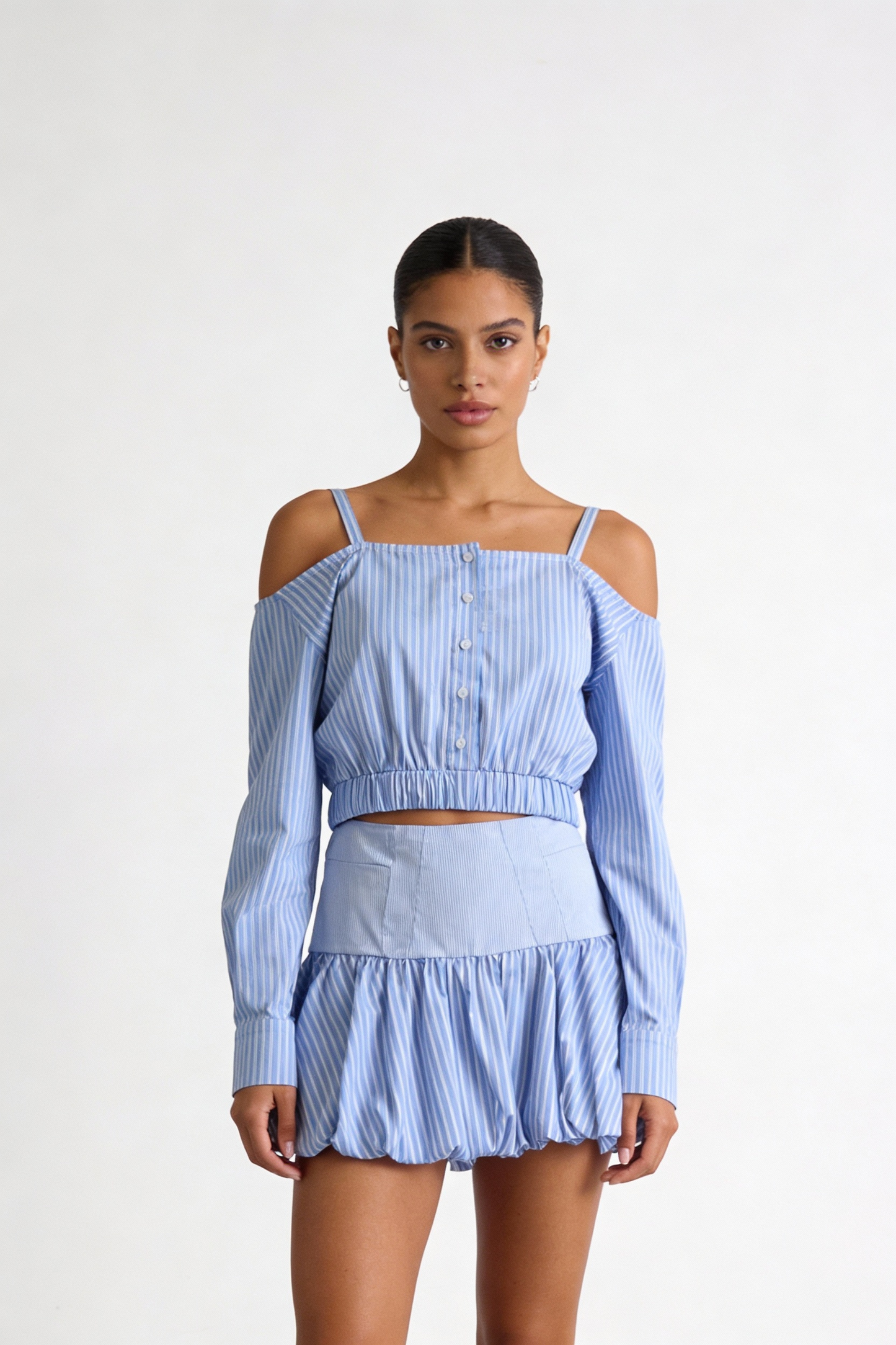 Striped Off-Shoulder Top & Bubble Skirt Set