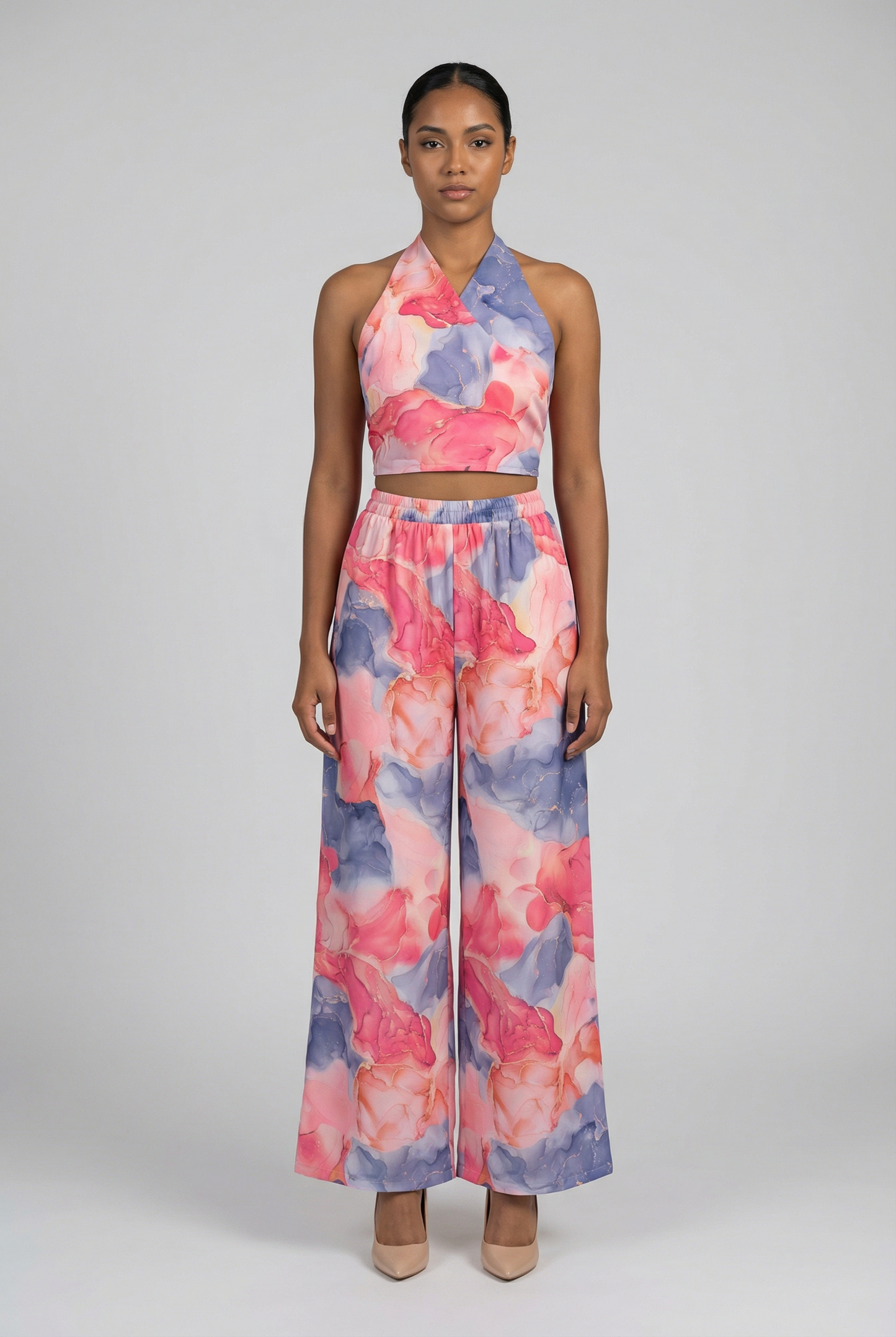 Watercolor Floral Halter & Wide-Leg Pant Set