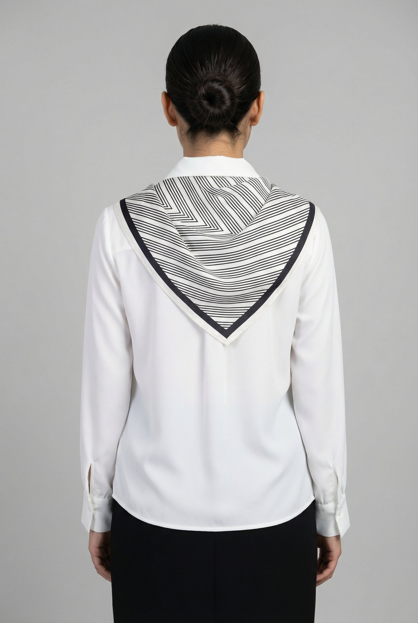 Classic White Blouse with Striped Scarf Detail