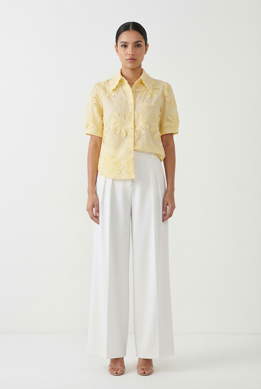 3D Floral Appliqué Short-Sleeve Blouse