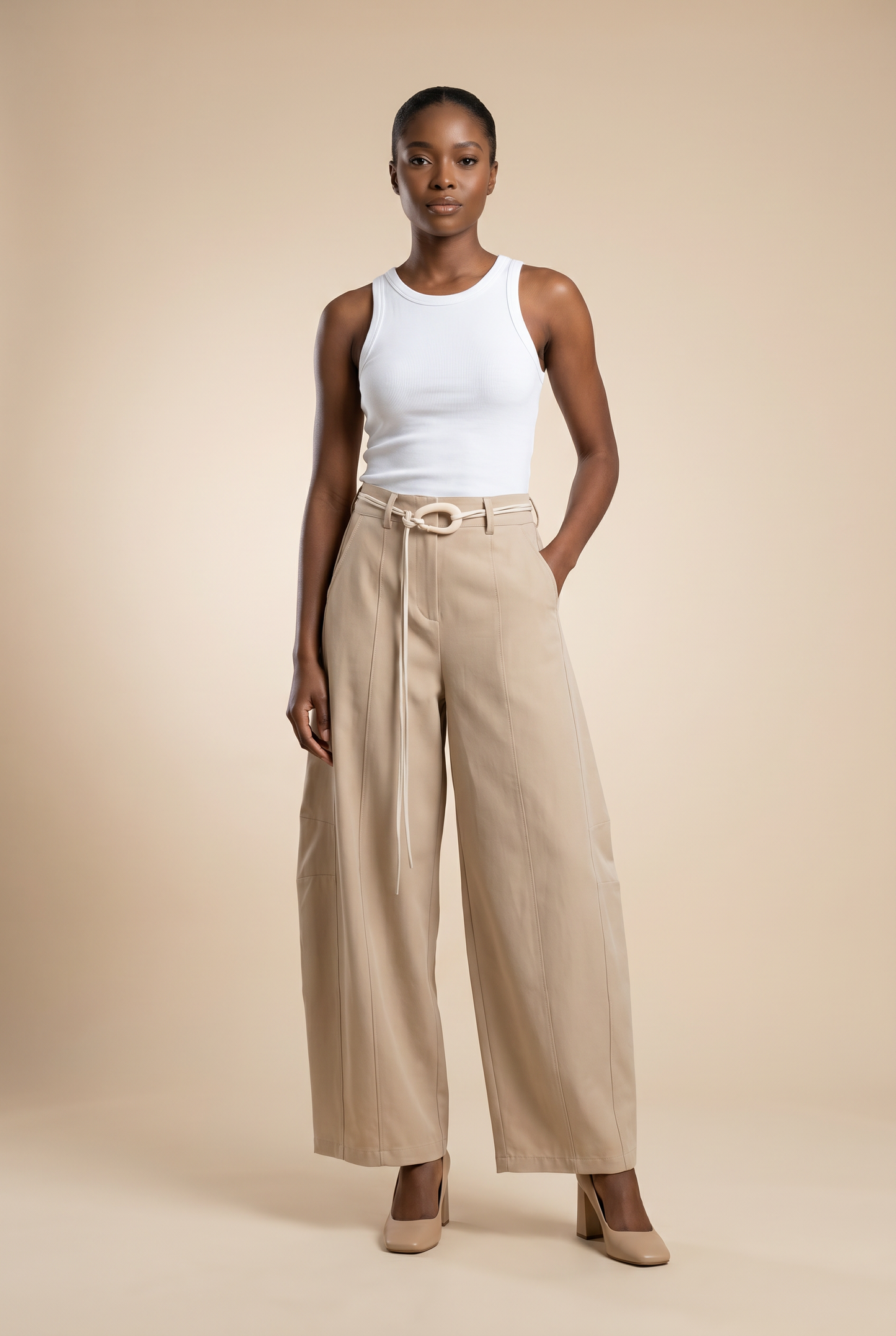 Belted Front-Seam Wide-Leg Trousers