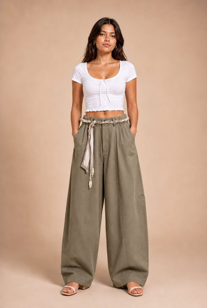 Belted Boho Wide-Leg Utility Trousers