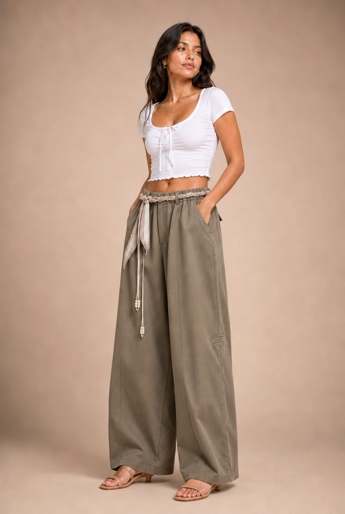 Belted Boho Wide-Leg Utility Trousers