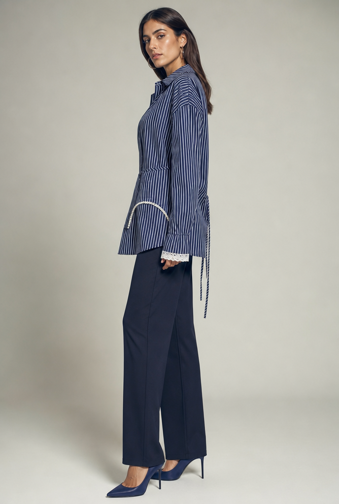 Lace-Trim Pinstripe Peplum Blouse