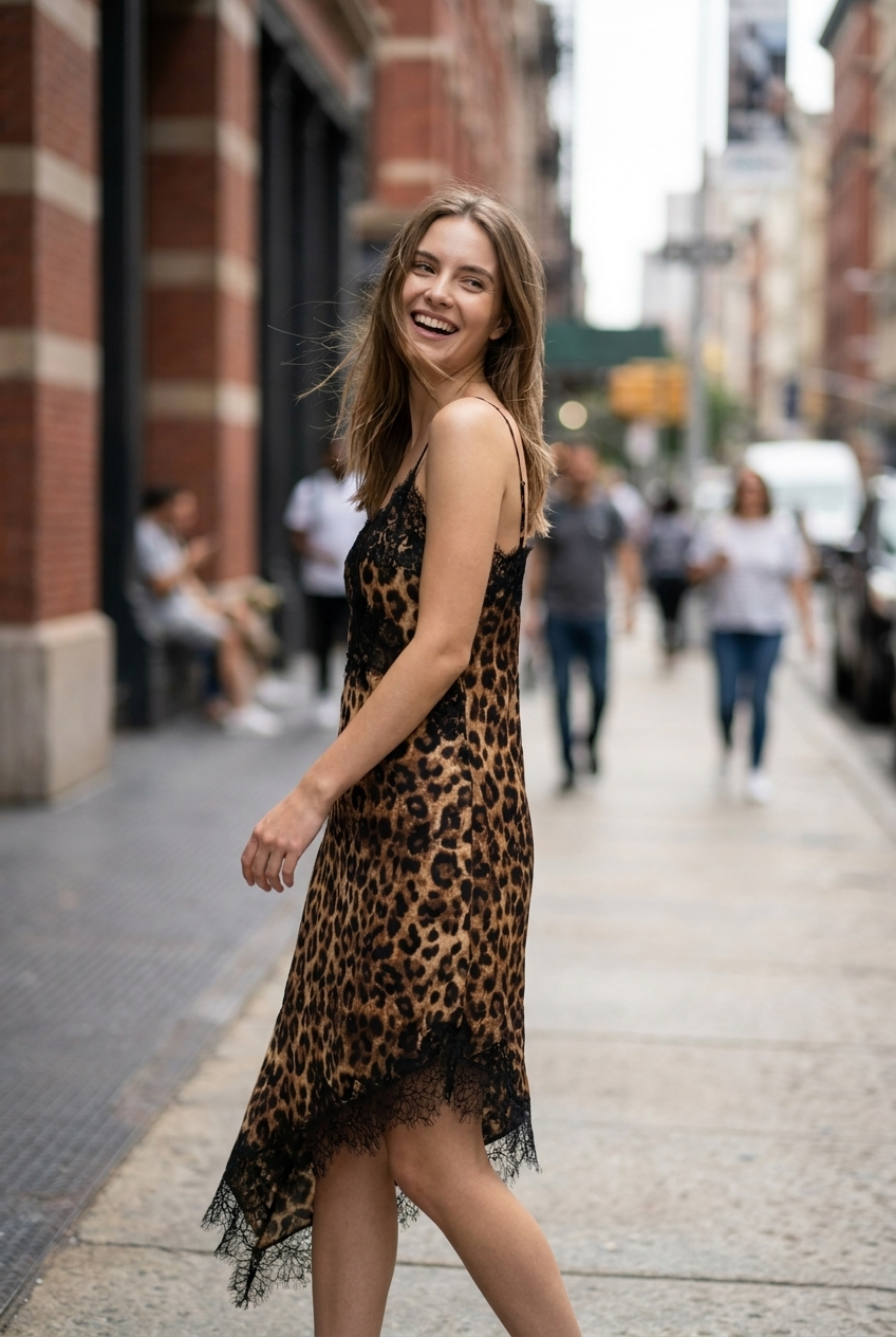 Leopard Print Asymmetrical Lace Slip Dress