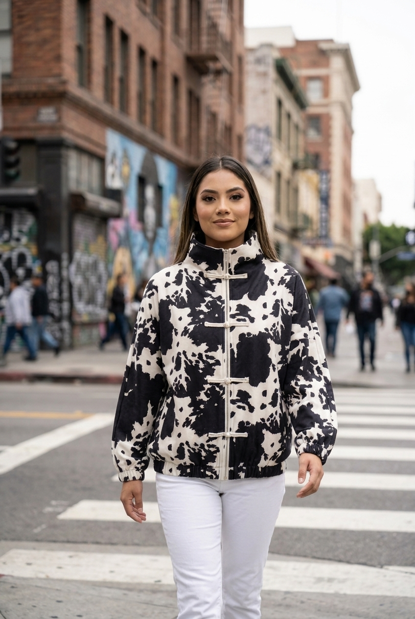 Print Toggle-Front Bomber Jacket