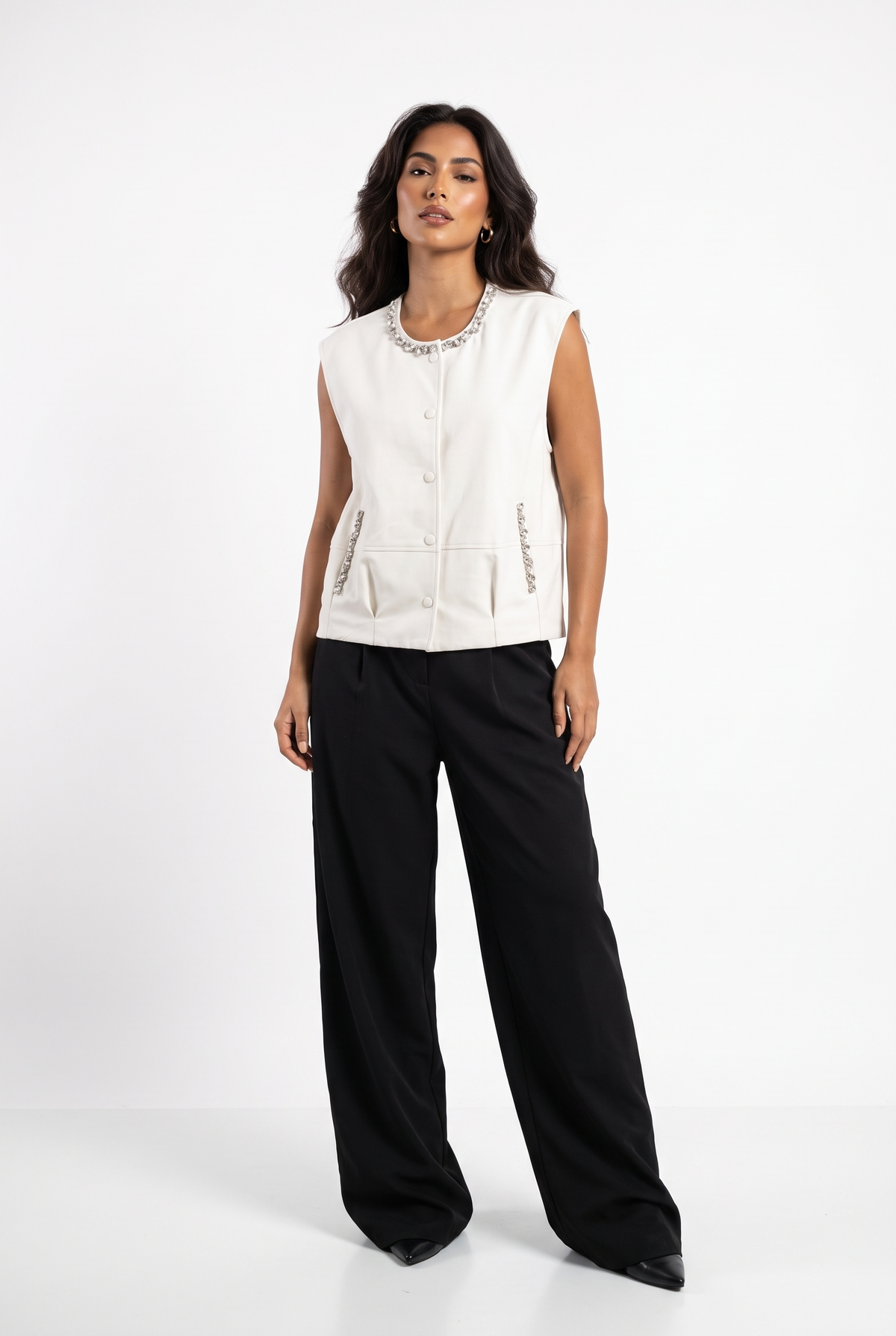 Rhinestone-Trim Vegan Leather Vest