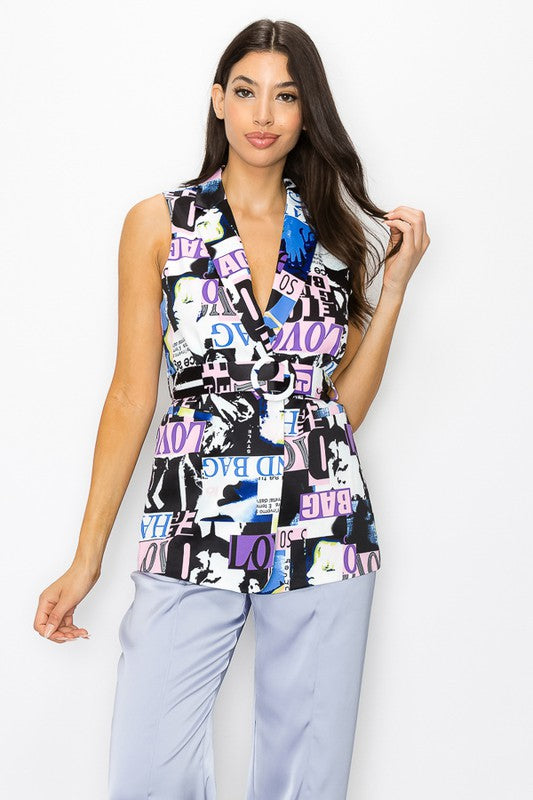 Printed Vest w/ Belt On Waist