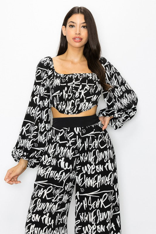 Word Print Crop Woven Top