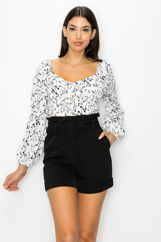 White And Black Blush Ink Print Crop Top With String