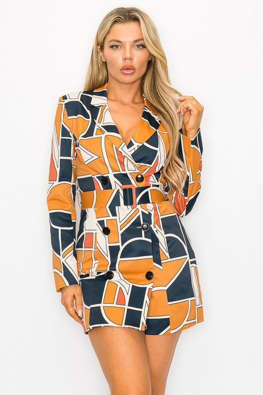 Mustard And Navy Printed Dress