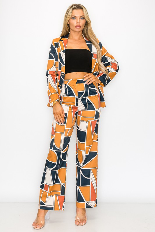 Mustard And Navy Printed Long Pants