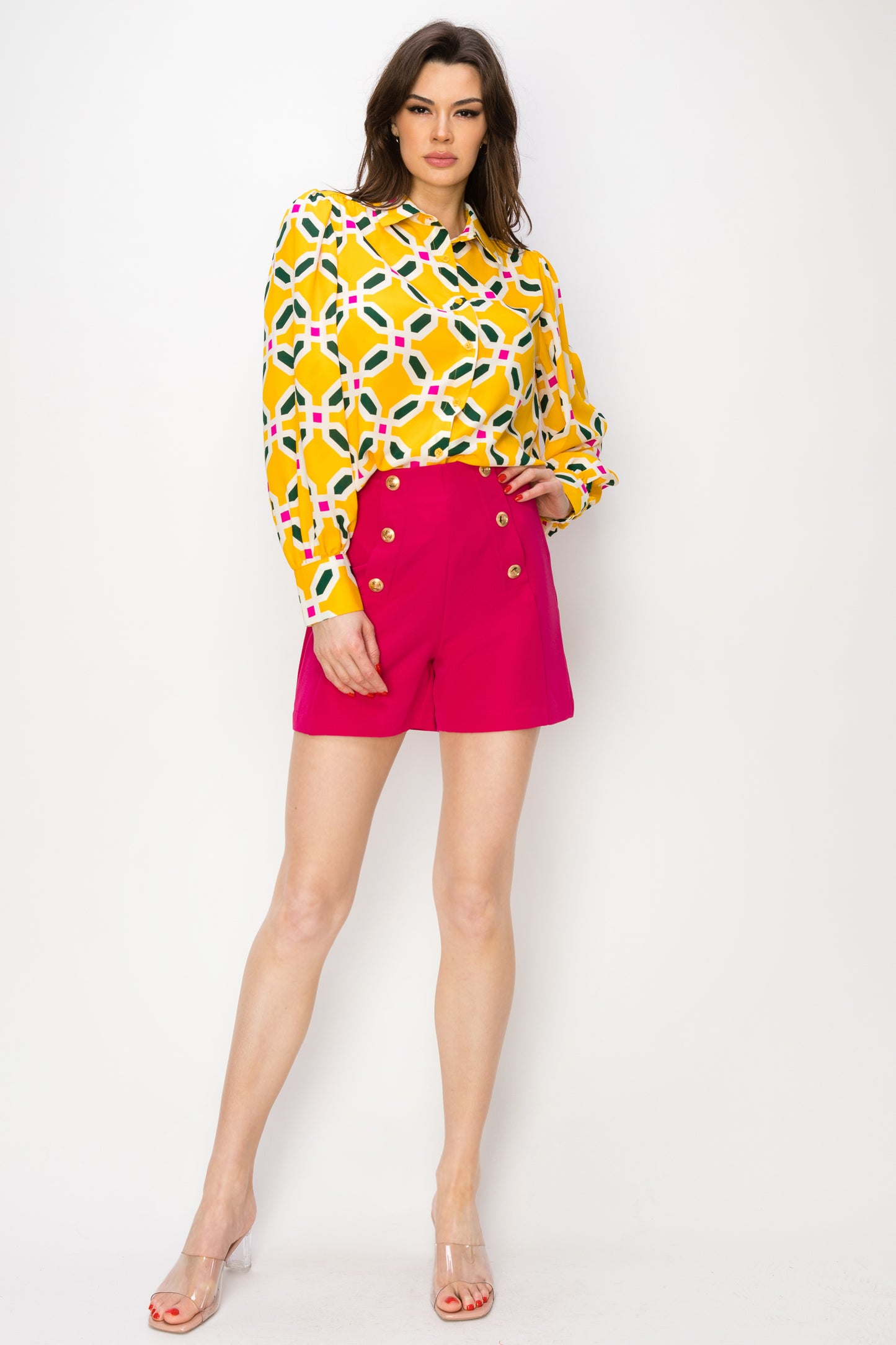 Square Print Button-Up Long Sleeve Top