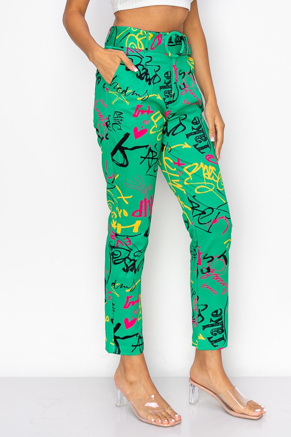 Graffiti Print Pant With O Ring Belt