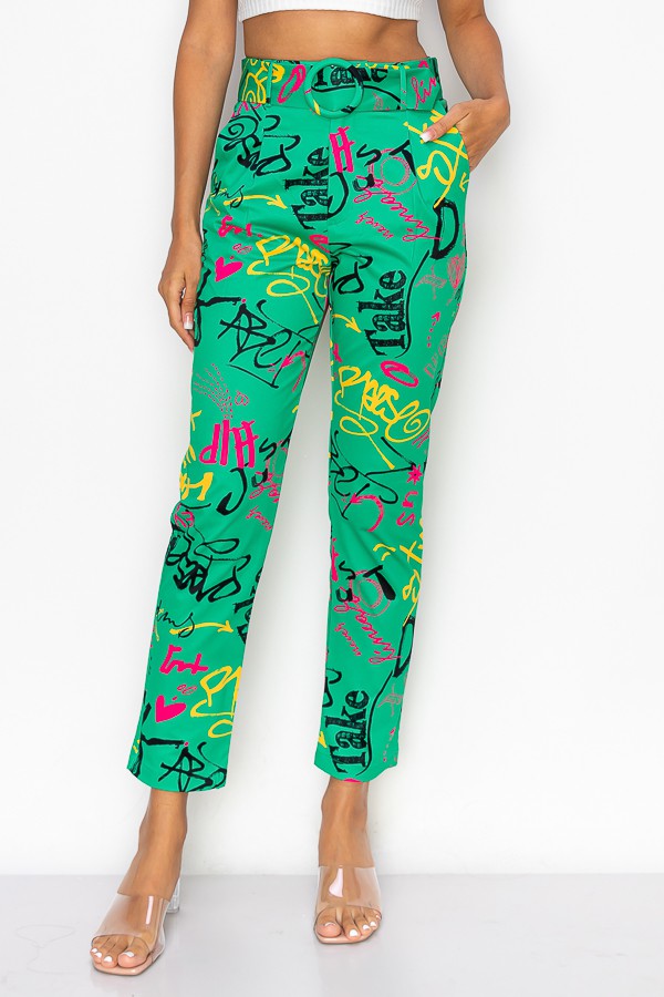 Graffiti Print Pant With O Ring Belt