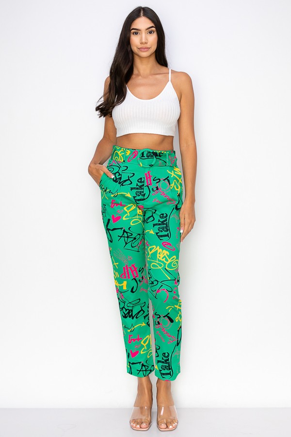 Graffiti Print Pant With O Ring Belt