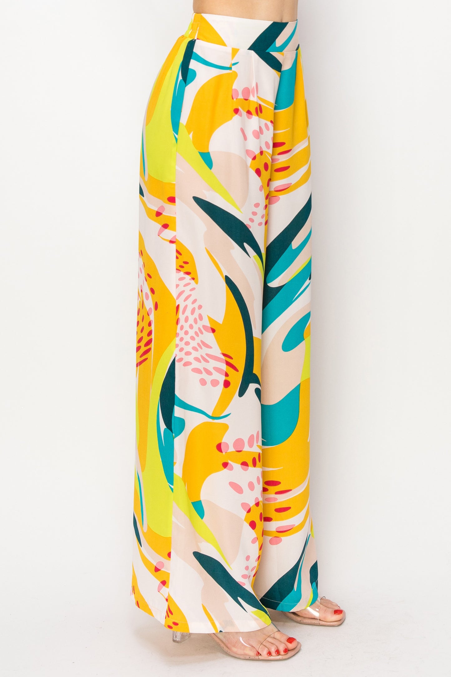 Yellow-Teal Red Dot Print Wide-Leg Pants