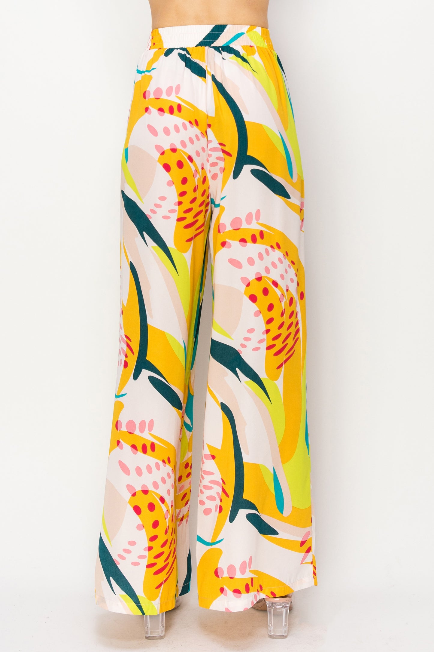 Yellow-Teal Red Dot Print Wide-Leg Pants