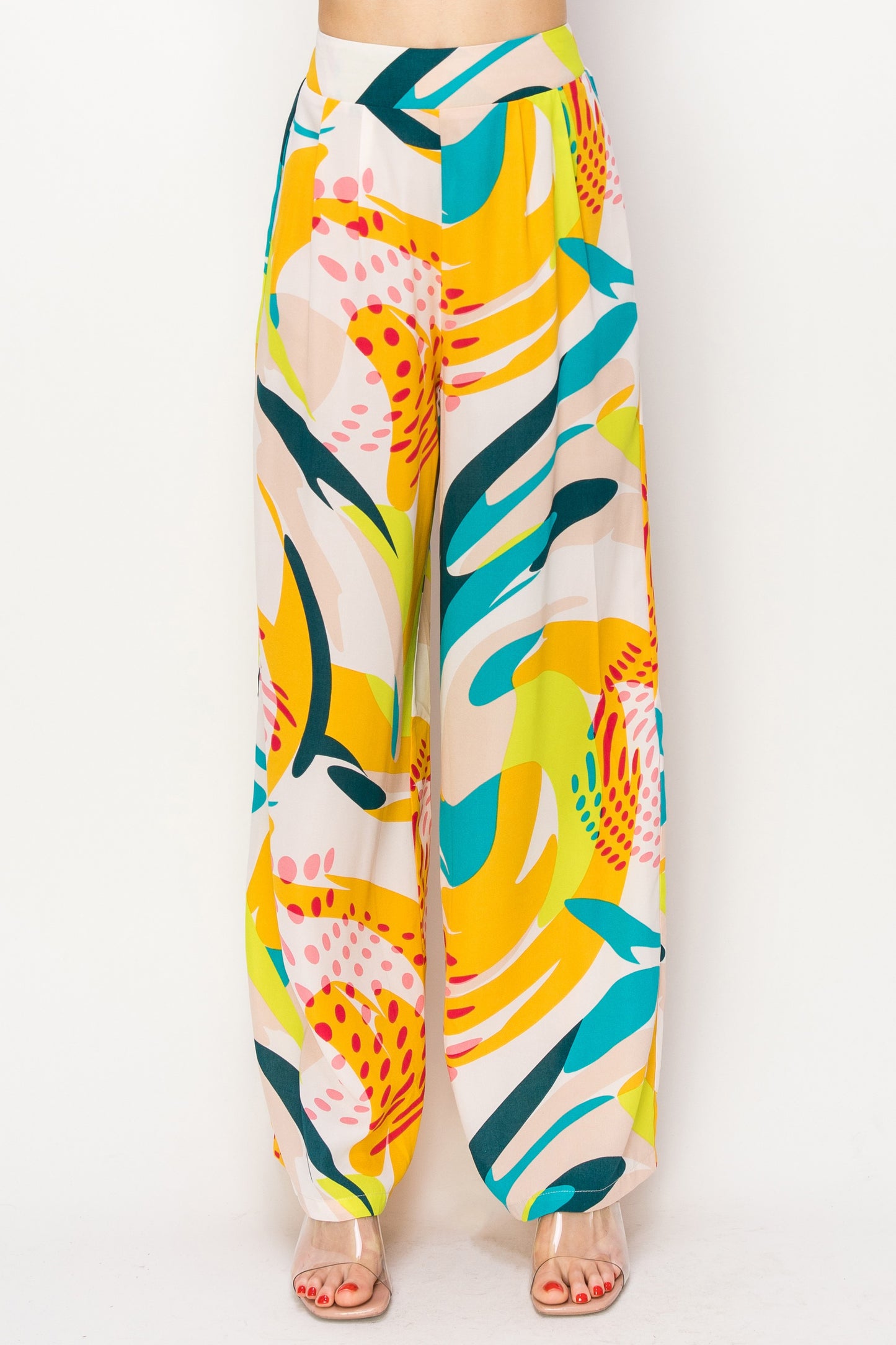 Yellow-Teal Red Dot Print Wide-Leg Pants