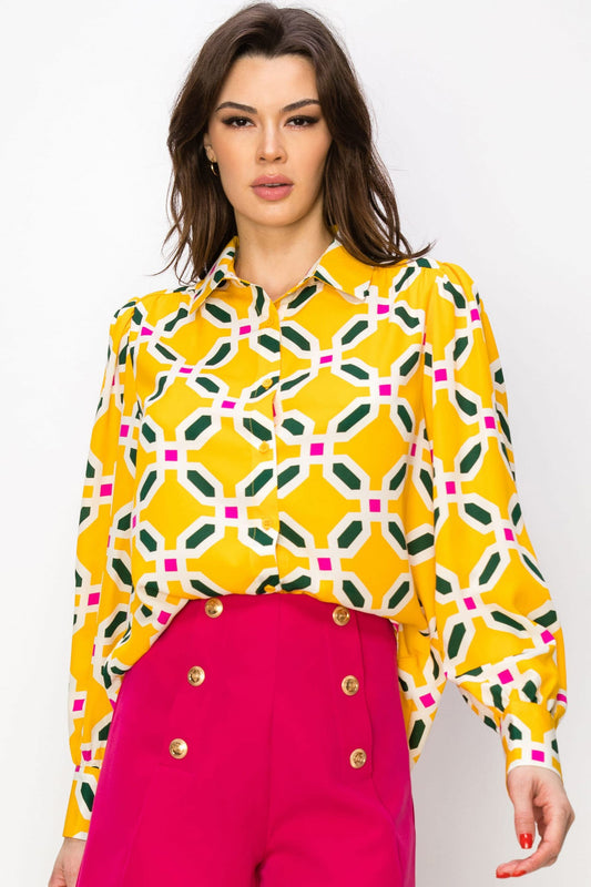 Square Print Button-Up Long Sleeve Top