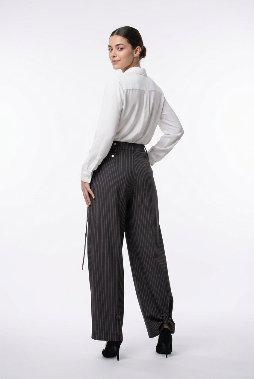 Asymmetrical Fold-Over Pinstripe Trousers