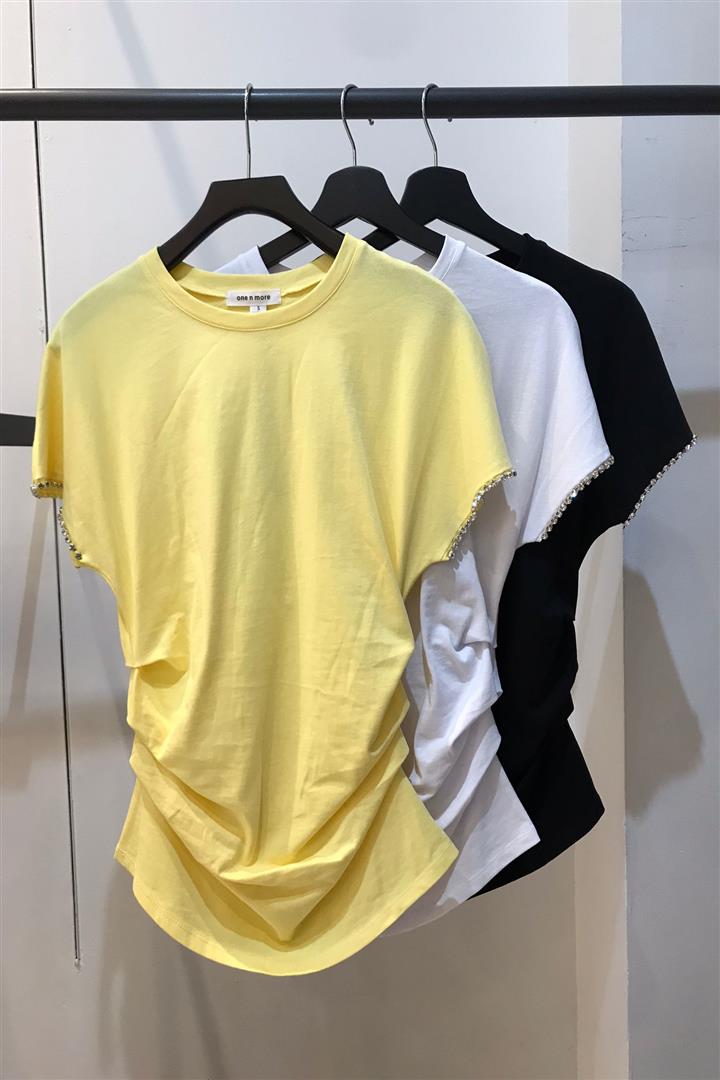 Solid fashion T-Shirt Round Neck Wrinkle Waist