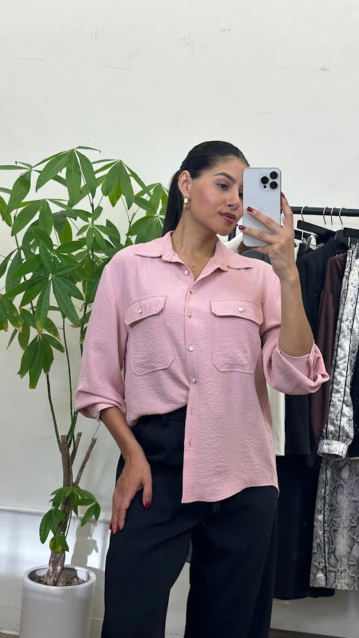 Soft Pink Button-Up Blouse with Front Pockets