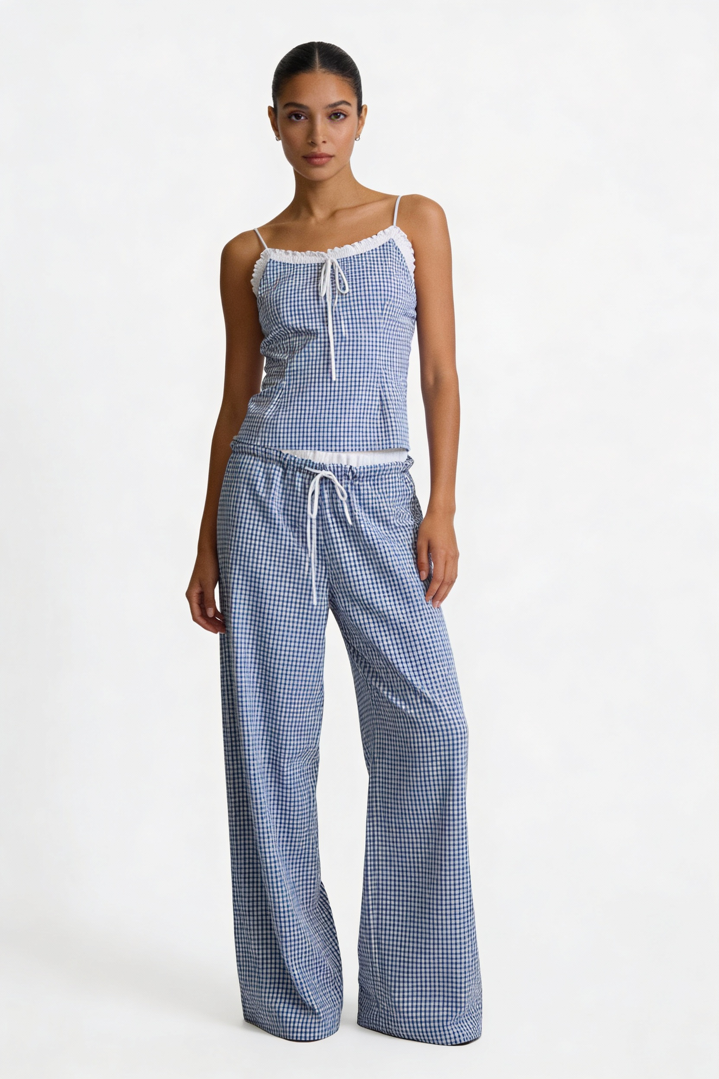 Gingham Lace-Trim Cami & Wide-Leg Pant Set