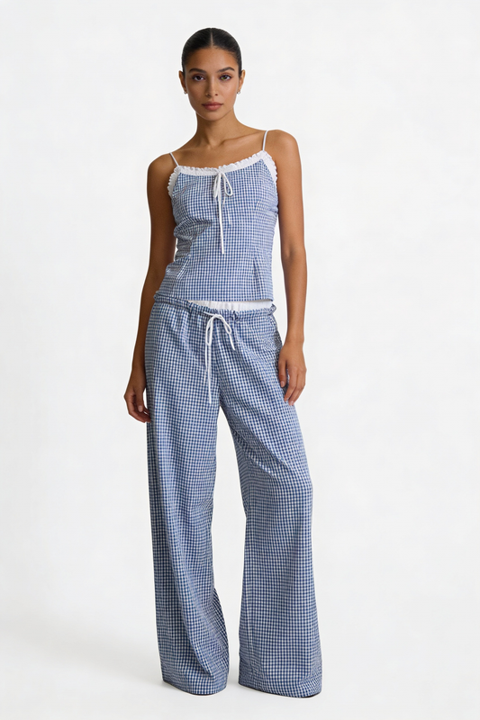 Gingham Lace-Trim Cami & Wide-Leg Pant Set