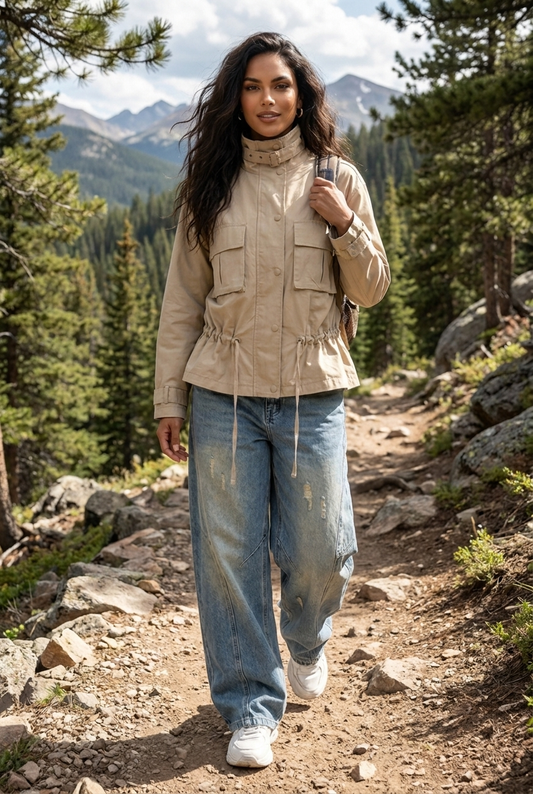 Cinched-Waist Cargo Utility Jacket