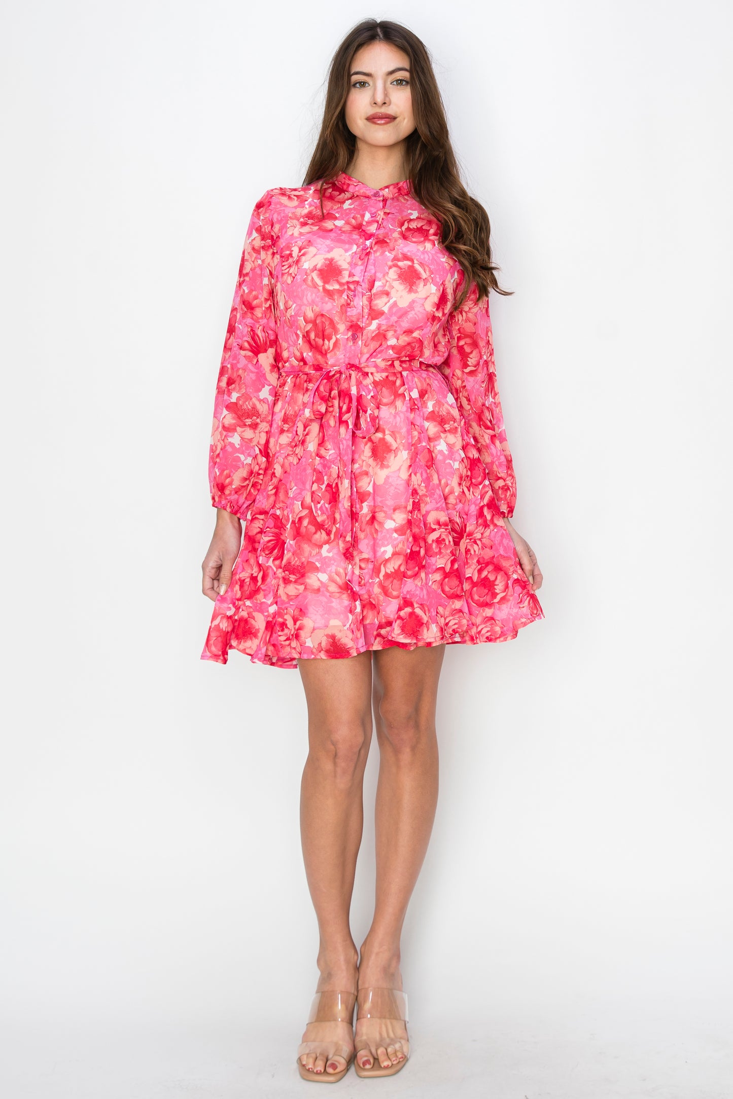 Fuchsia Floral Print Dress w/ Loop Belt