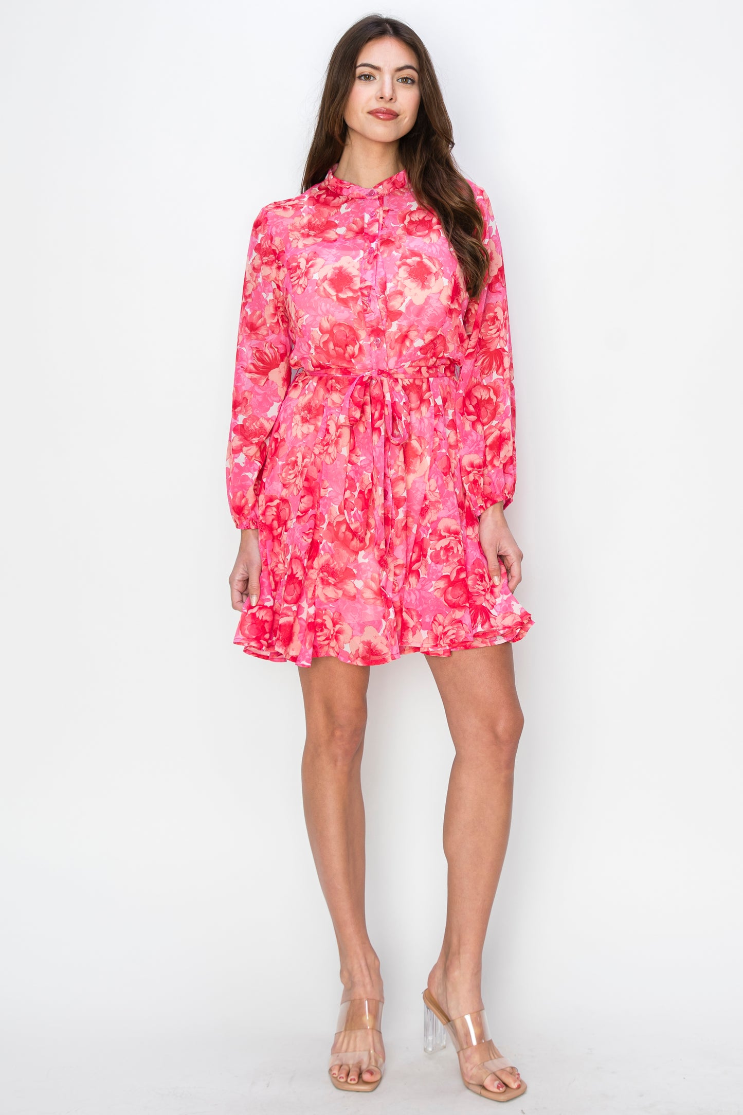 Fuchsia Floral Print Dress w/ Loop Belt