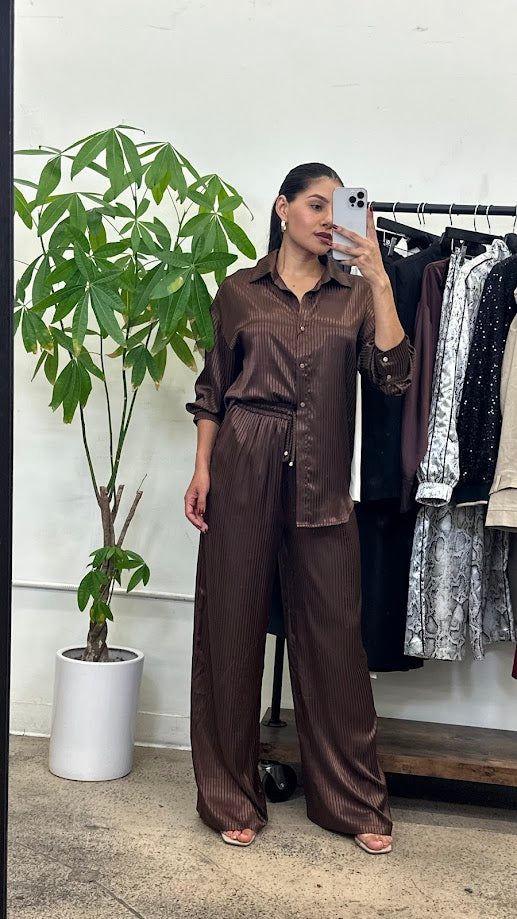 Elegant Satin Shirt & Wide-Leg Pants Set