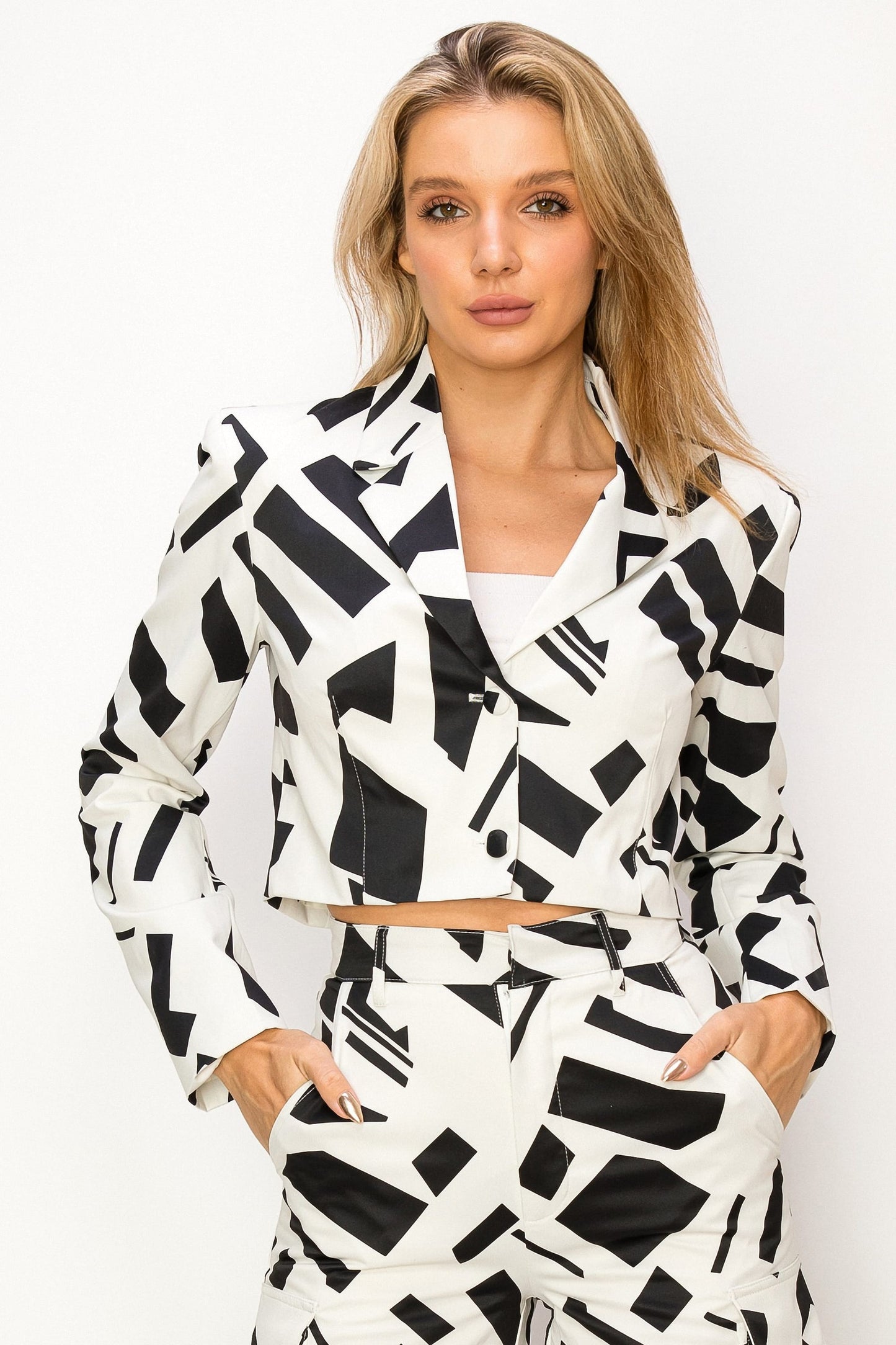 Collared Blazer with Black and White Print