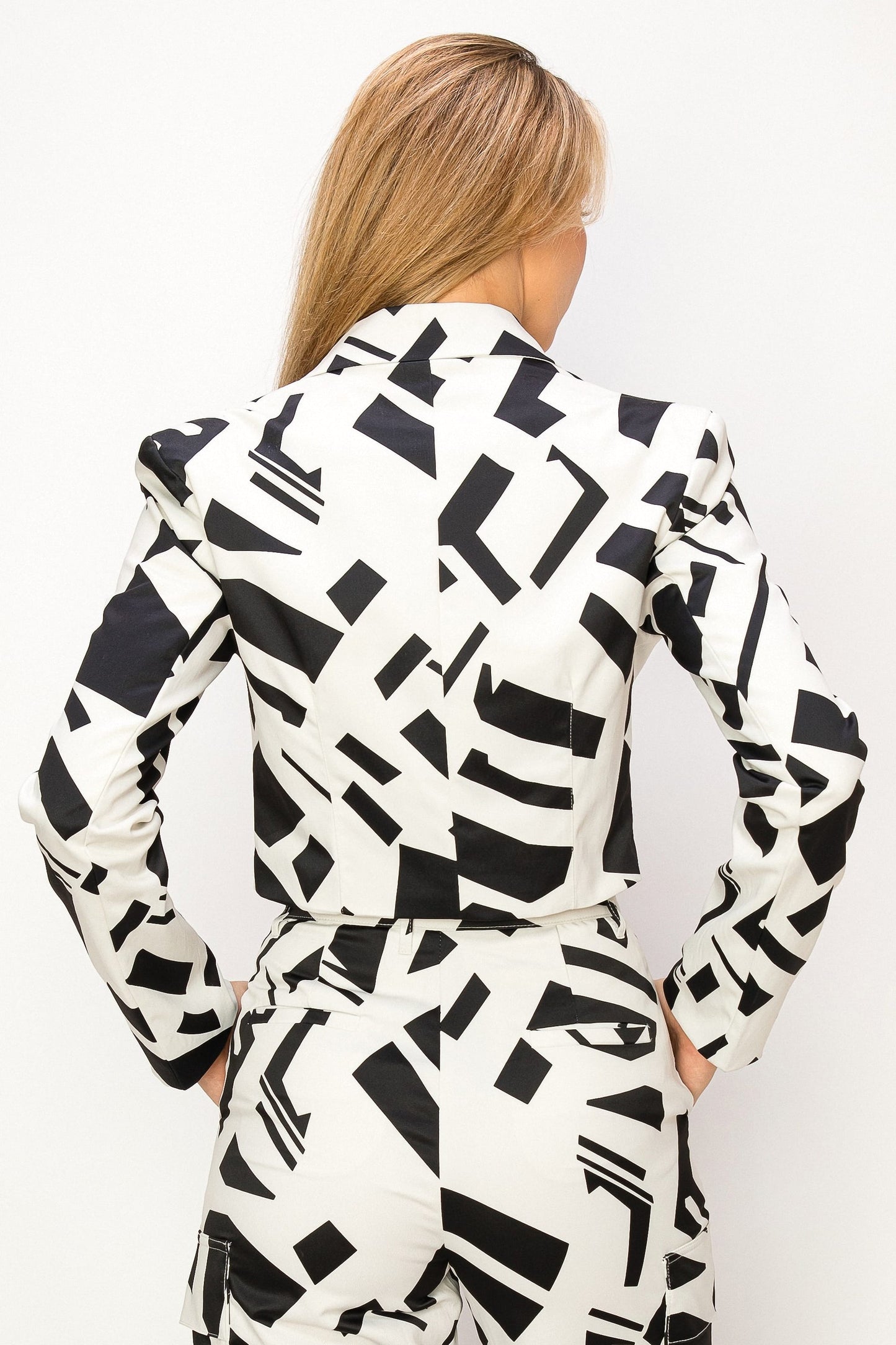 Collared Blazer with Black and White Print