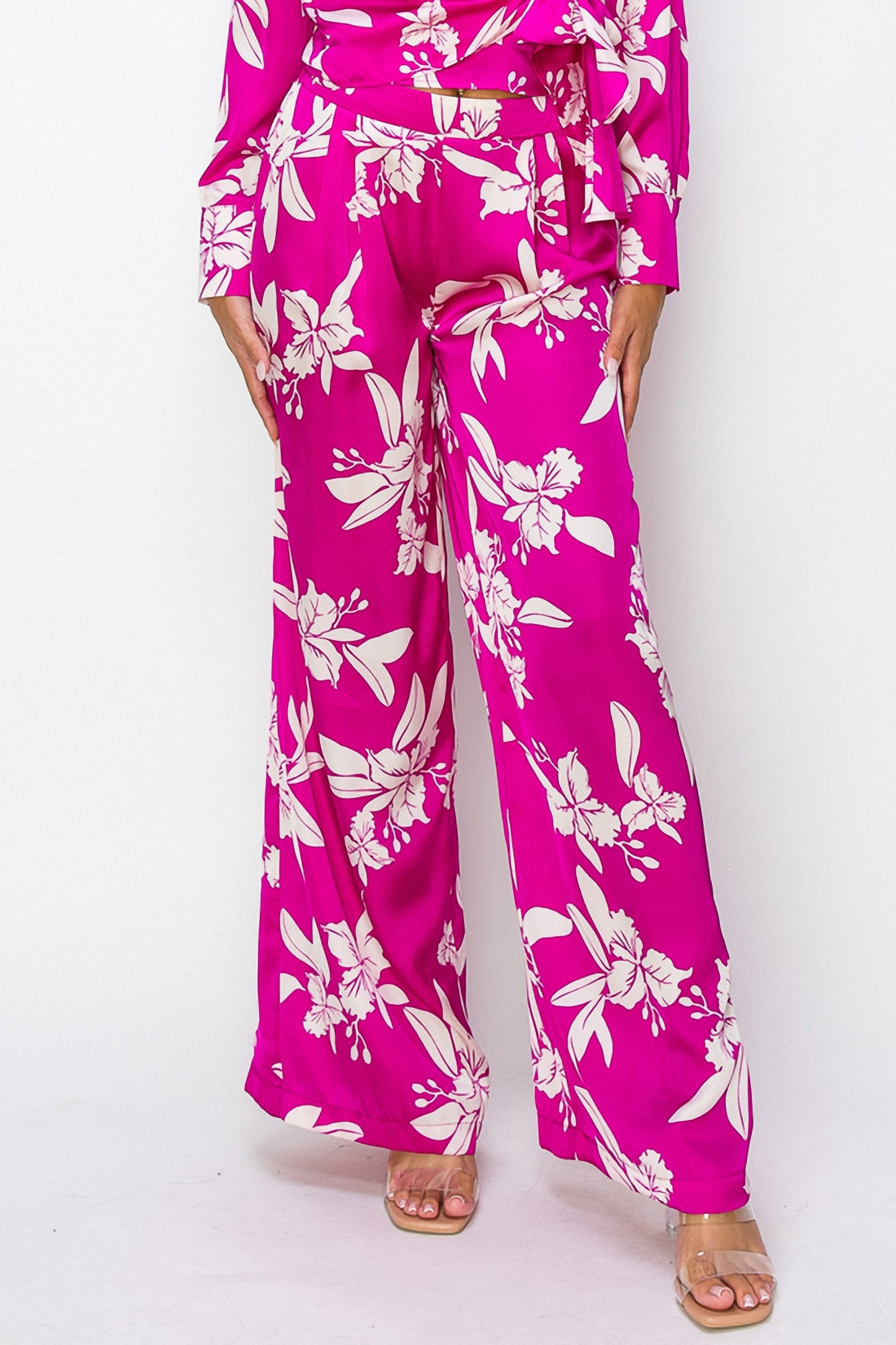 Grape-White Floral High-Waist Pants