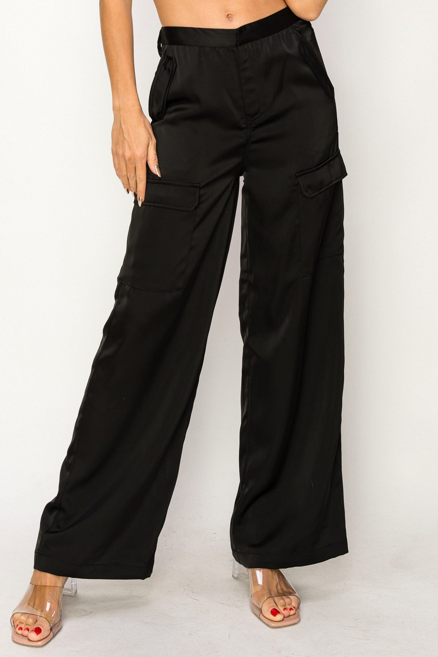 Faux Leather Wide Leg Cargo Pants