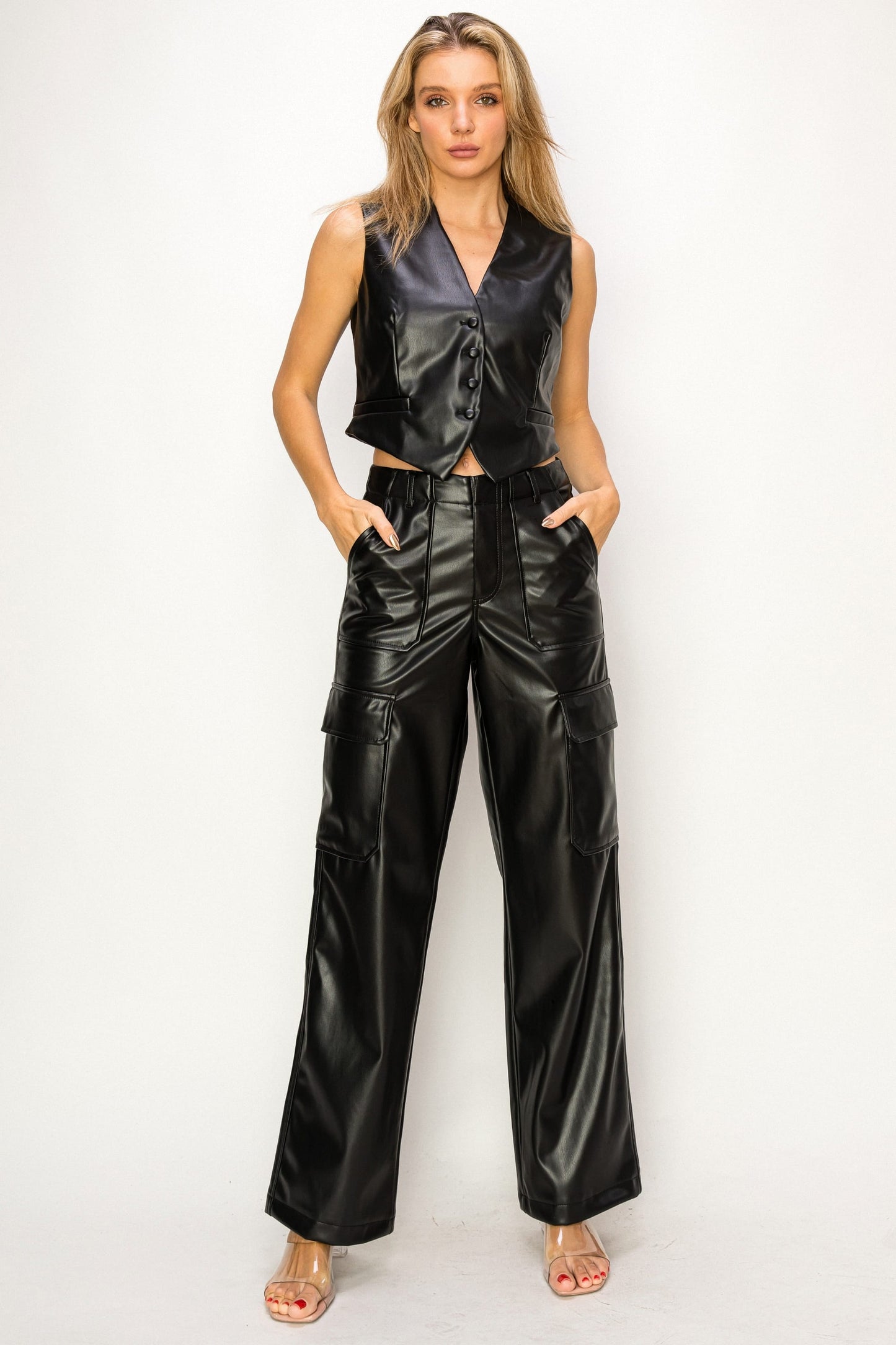 Faux Leather Wide Leg Cargo Pants