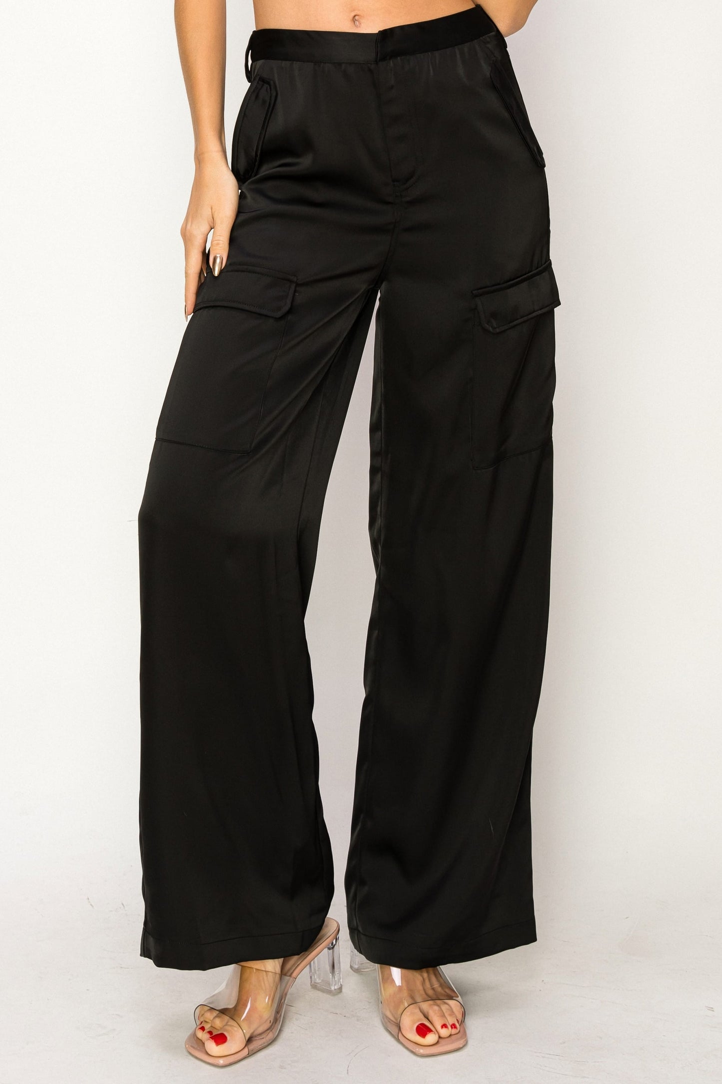 Faux Leather Wide Leg Cargo Pants