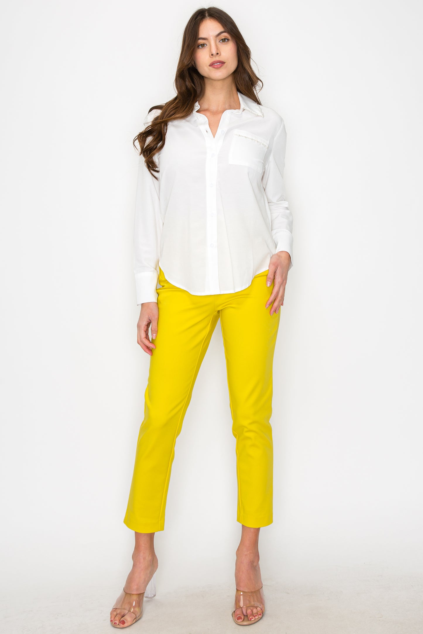 • SKU: T5232 • S-M-L • Hand wash only • Womens long sleeved has collared neckline,gather at the waist, and a buttoned design.    • This garment is characterized by long sleeves and a collar, reminiscent of a typical long-sleeved shirt or formal attire.  • It features a decorative bead embellishment on the left chest pocket, adding a unique touch to the design. The best price and wholesale w/ onenmoreusa.com