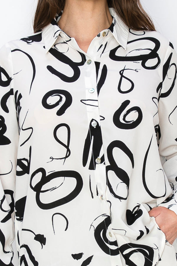 • SKU: T5394, P2231 • S-M-L (2-2-2) • Hand wash only •This blouse is characterized by its unique print, which consists of black irregular shapes against a white background. The irregular shapes create an abstract and avant-garde aesthetic, adding an element of intrigue and modernity to the garment. high quality & wholesale price w/ onenmoreusa.com