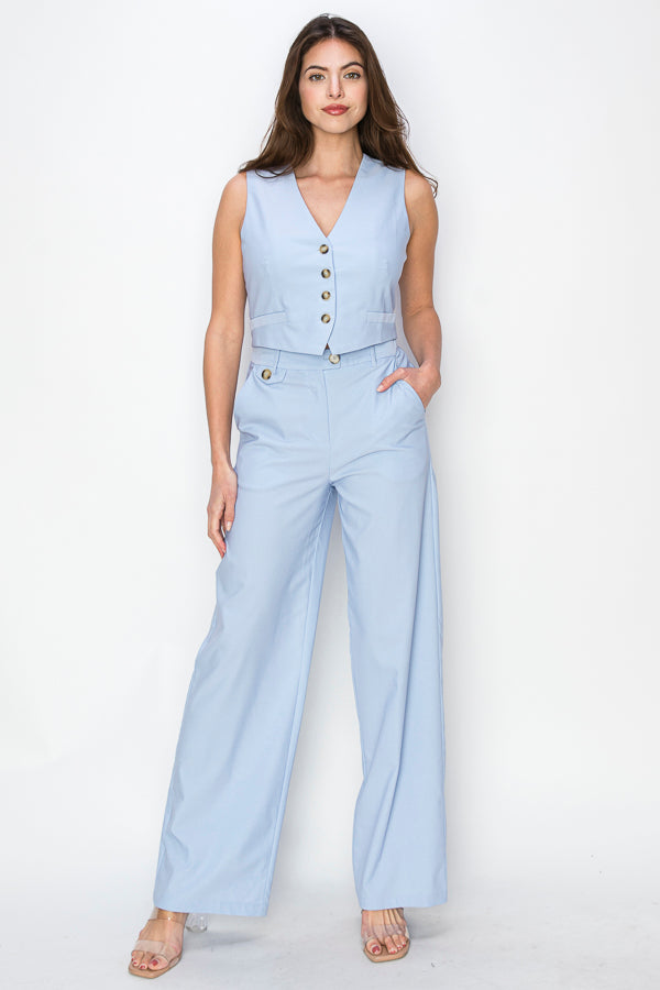 • SKU: V4126, P2146 • S-M-L (2-2-2) • Hand wash only •This outfit is a coordinated set consisting of a vest and long pants. The vest features four buttons for closure, adding a touch of sophistication and versatility to the garment. The long pants are designed with belt loops, a button, and a zipper closure, ensuring ease and convenience when putting them on. HIGH QUALITY & WHOLESALE W/ ONENMOREUSA.COM