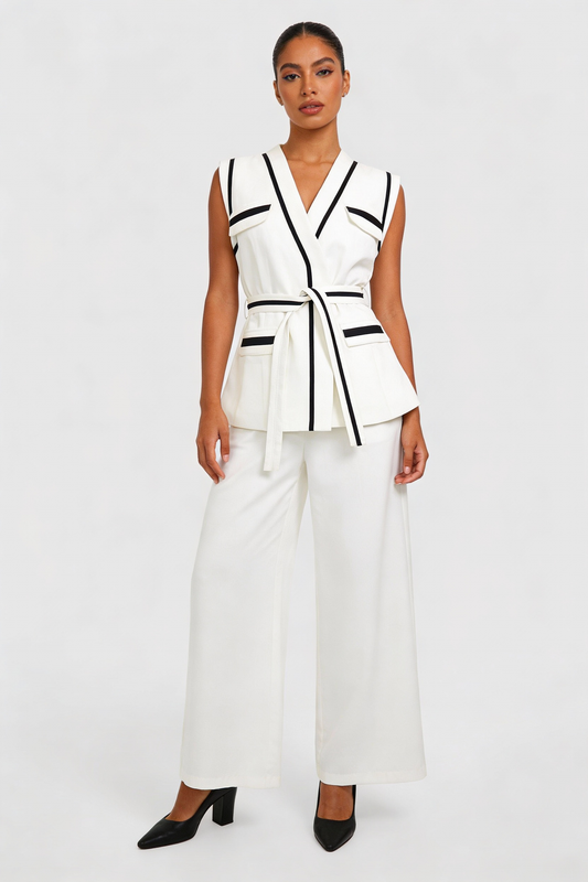 Contrast Trim Belted Vest & Pant Set