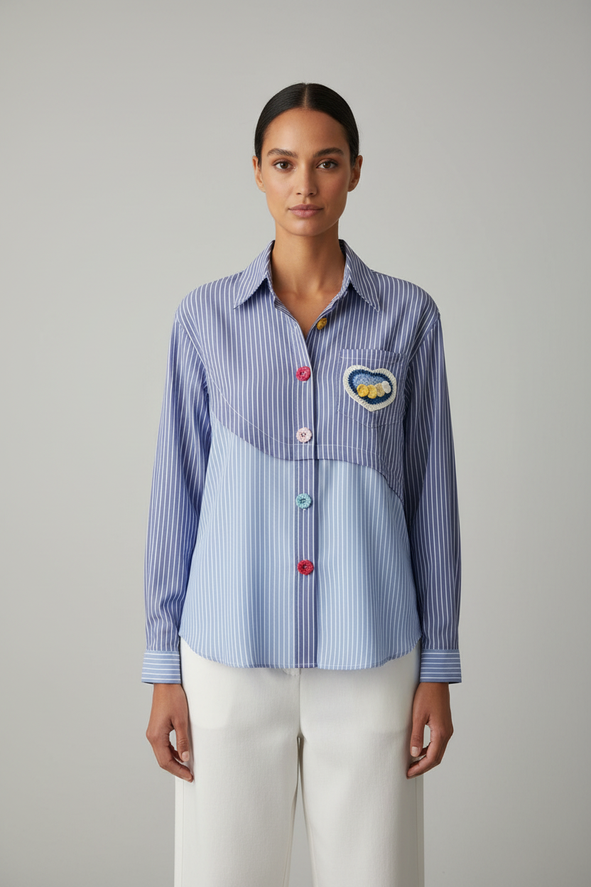 Patchwork Stripe Heart Button-Down Shirt