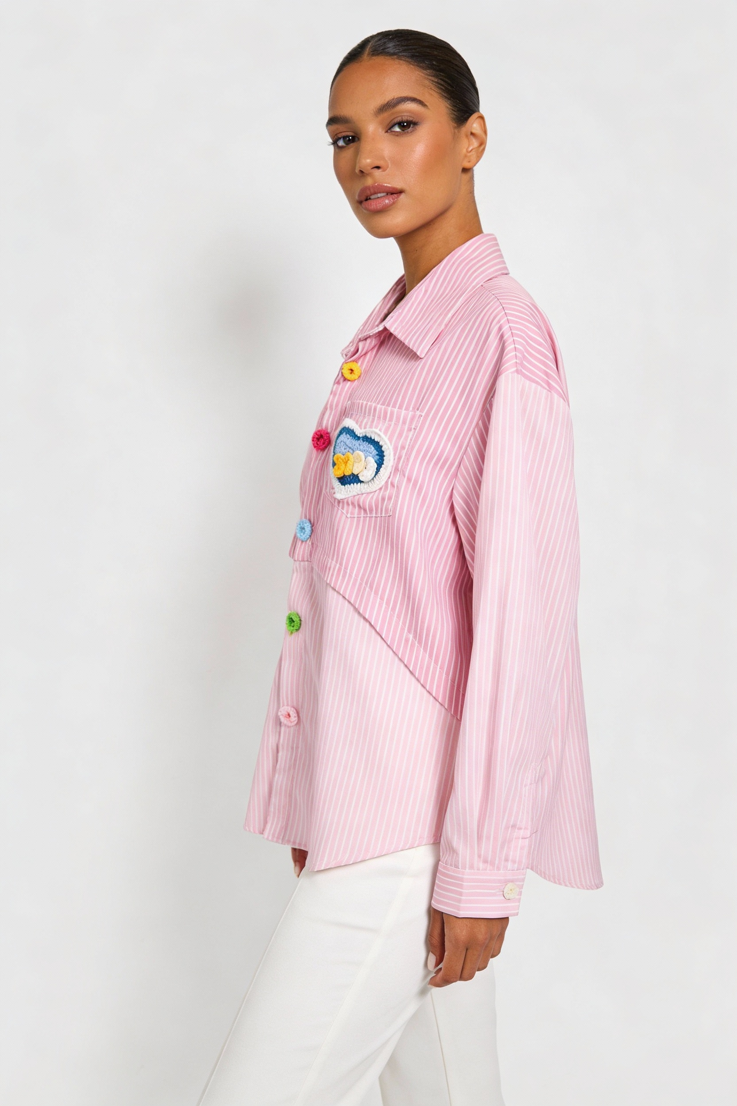 Patchwork Stripe Heart Button-Down Shirt